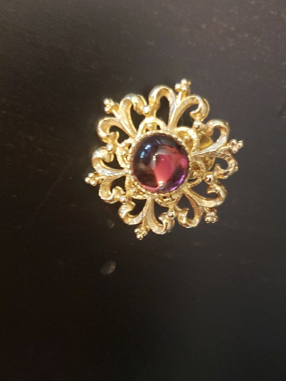 Vtg Gold Filigree Brooch with Purple Cabochin Center